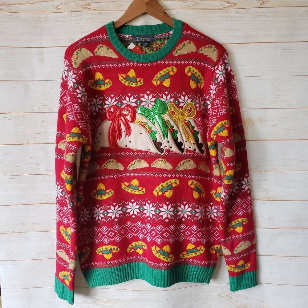33 Degrees Ugly Christmas Sweater Mexican Tacos Women's Medium Multi Color Crew